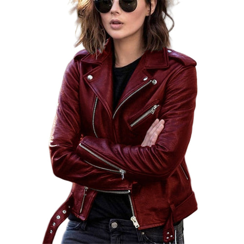 Women's Motorcycle Jacket with Asymmetric Zipper and Reverses