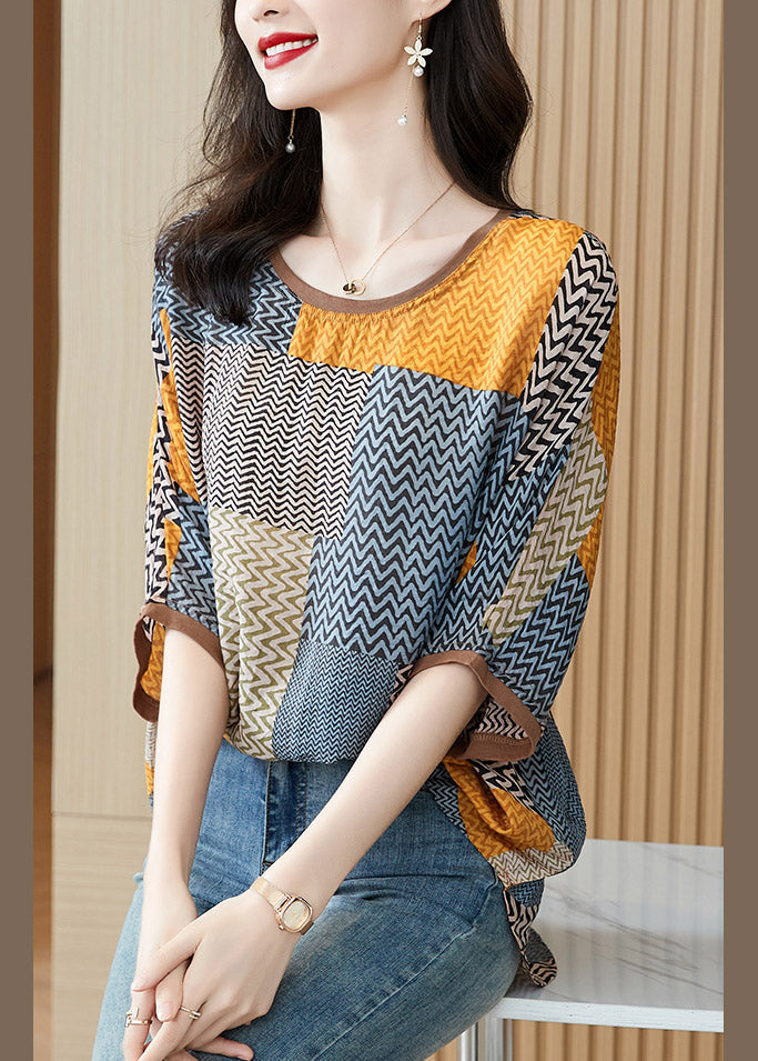 Women's O-neck and Half-Sleeve Top in Print Patchwork