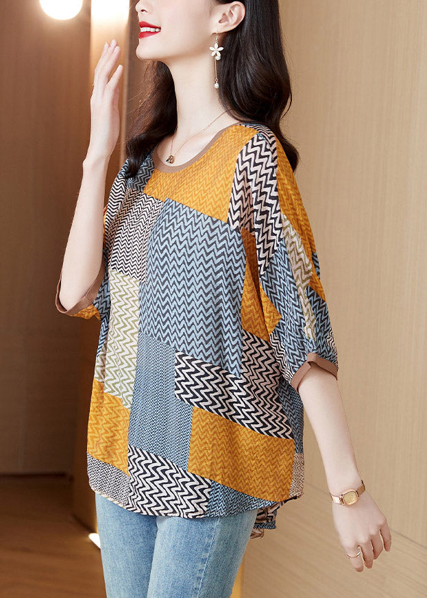 Women's O-neck and Half-Sleeve Top in Print Patchwork