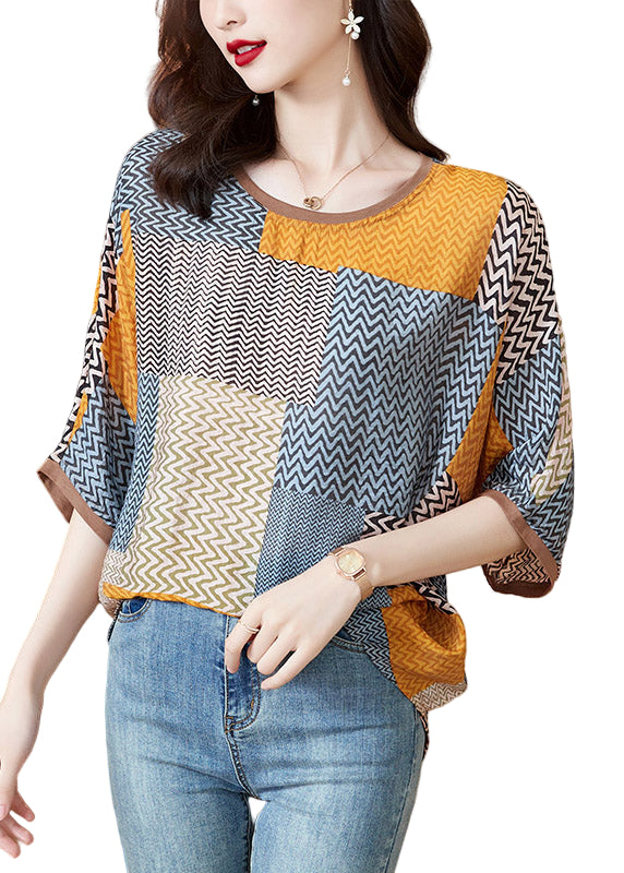 Women's O-neck and Half-Sleeve Top in Print Patchwork