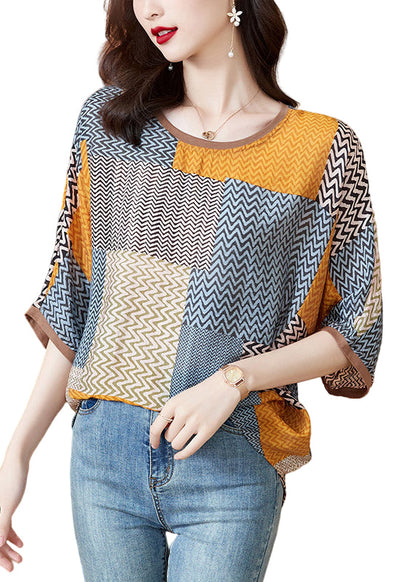 Women's O-neck and Half-Sleeve Top in Print Patchwork