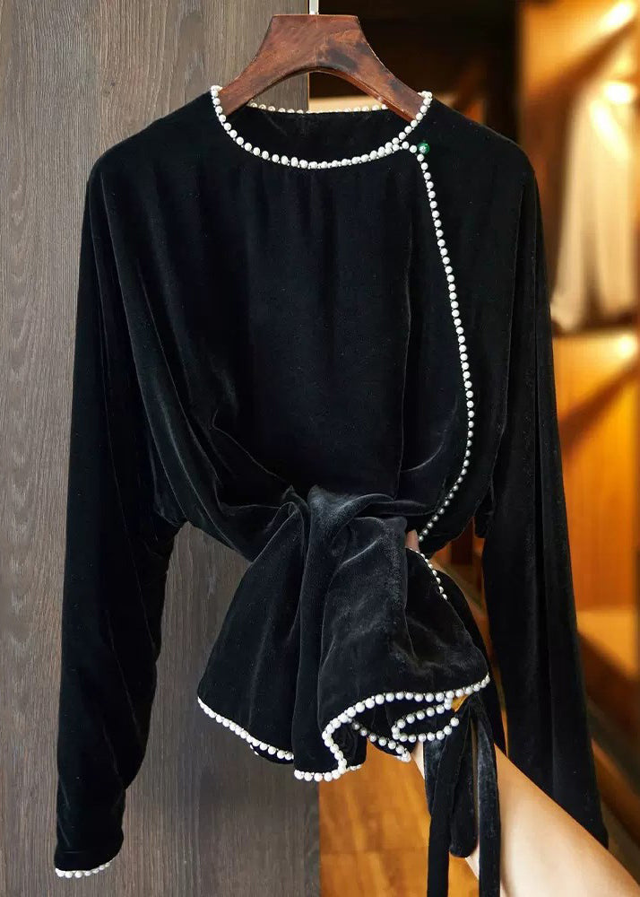 Women's O-neck top with Pearl Patchwork