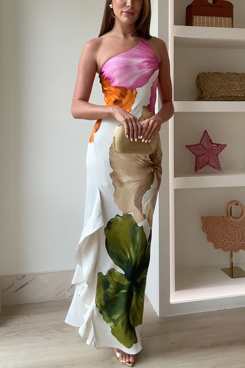Women's One Shoulder Maxi Dress with Draped Ruffles