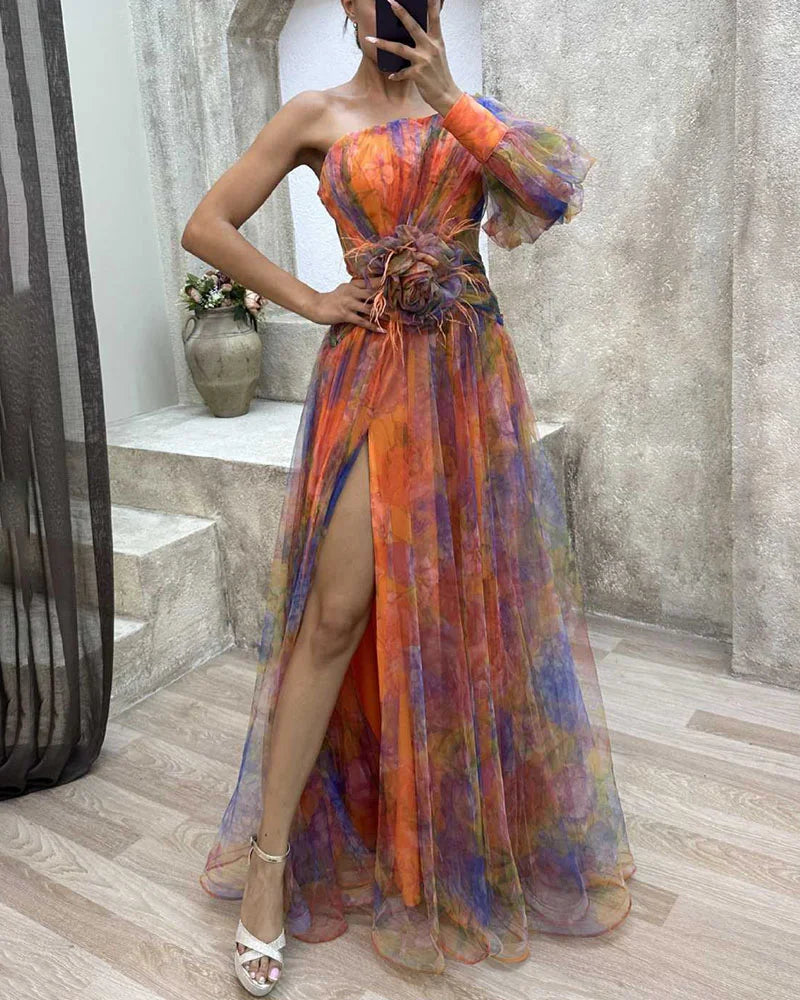 Women's One Shoulder Pleated Floral Print Polyester Dress for Gala and Summer