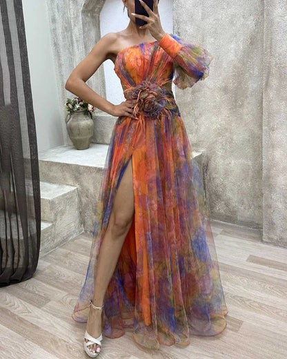 Women's One Shoulder Pleated Floral Print Polyester Dress for Gala and Summer