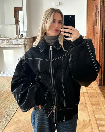 Women's Oversized Bomber Jacket Trendy Warm Lining