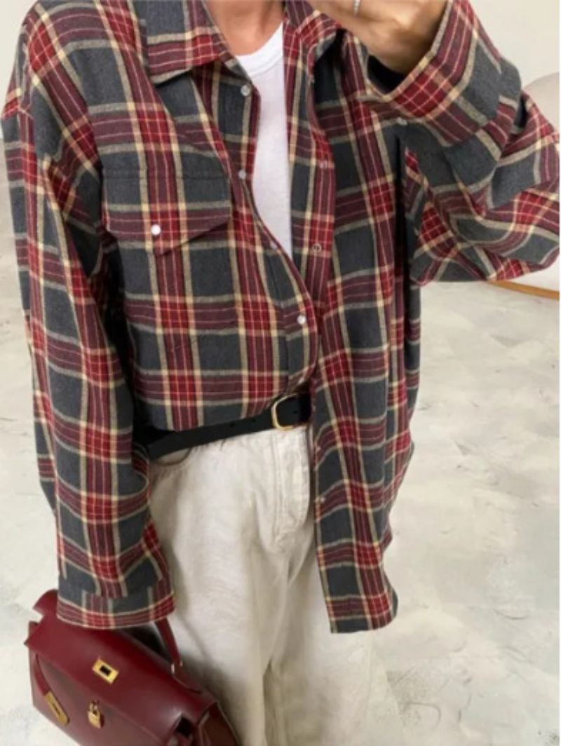 Women's Oversized Checked Shirt Cotton Blend Casual