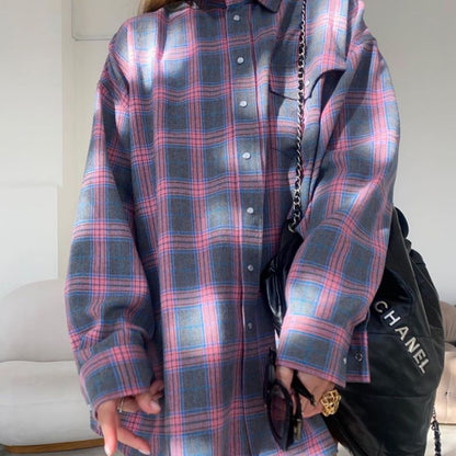 Women's Oversized Checked Shirt Cotton Blend Casual