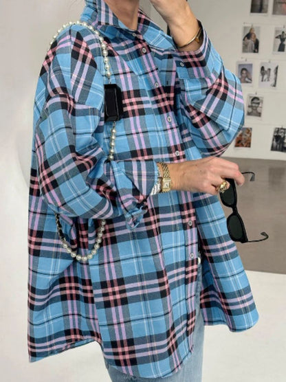 Women's Oversized Checked Shirt Cotton Blend Casual