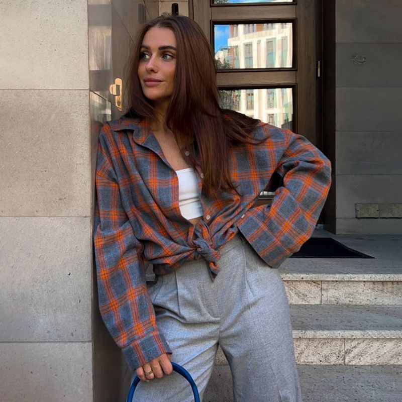 Women's Oversized Checkered Shirt with Buttons