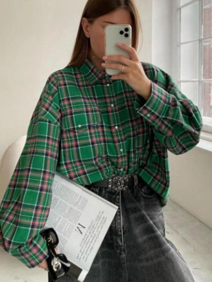 Women's Oversized Checkered Shirt with Buttons