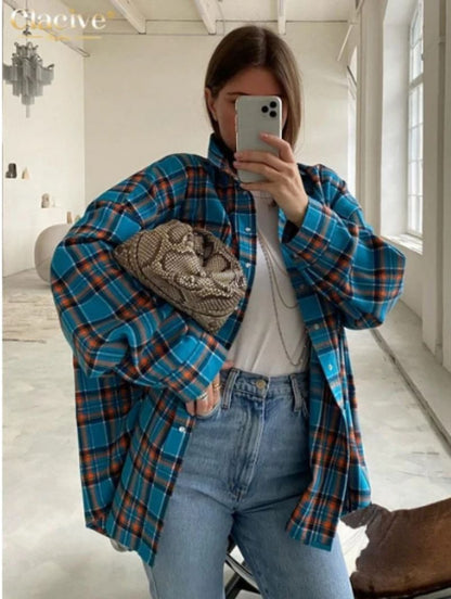 Women's Oversized Checkered Shirt with Buttons