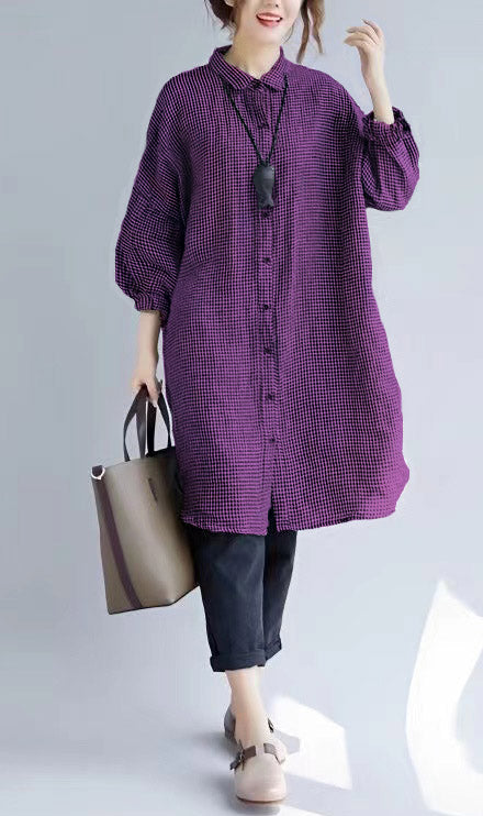 Women's Oversized T-shirt with Checked Print and Turned Collar