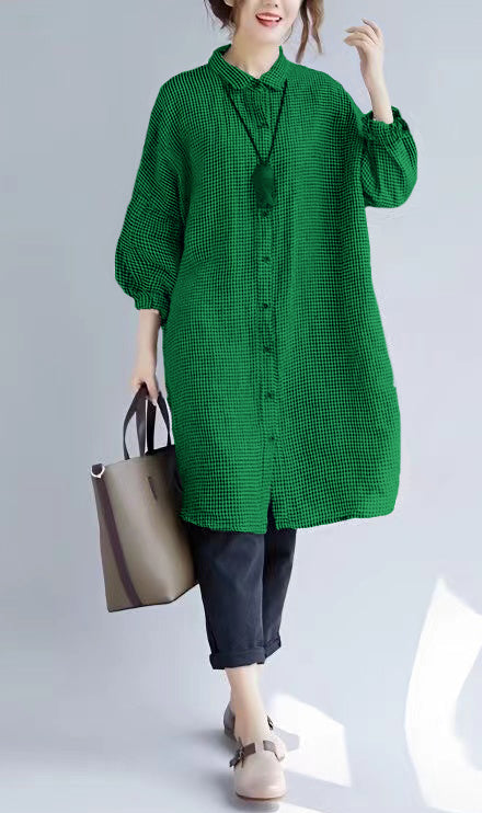 Women's Oversized T-shirt with Checked Print and Turned Collar