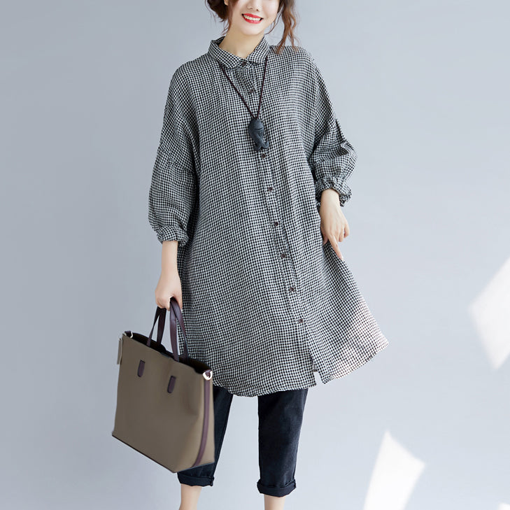 Women's Oversized T-shirt with Checked Print and Turned Collar