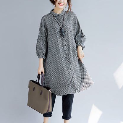 Women's Oversized T-shirt with Checked Print and Turned Collar