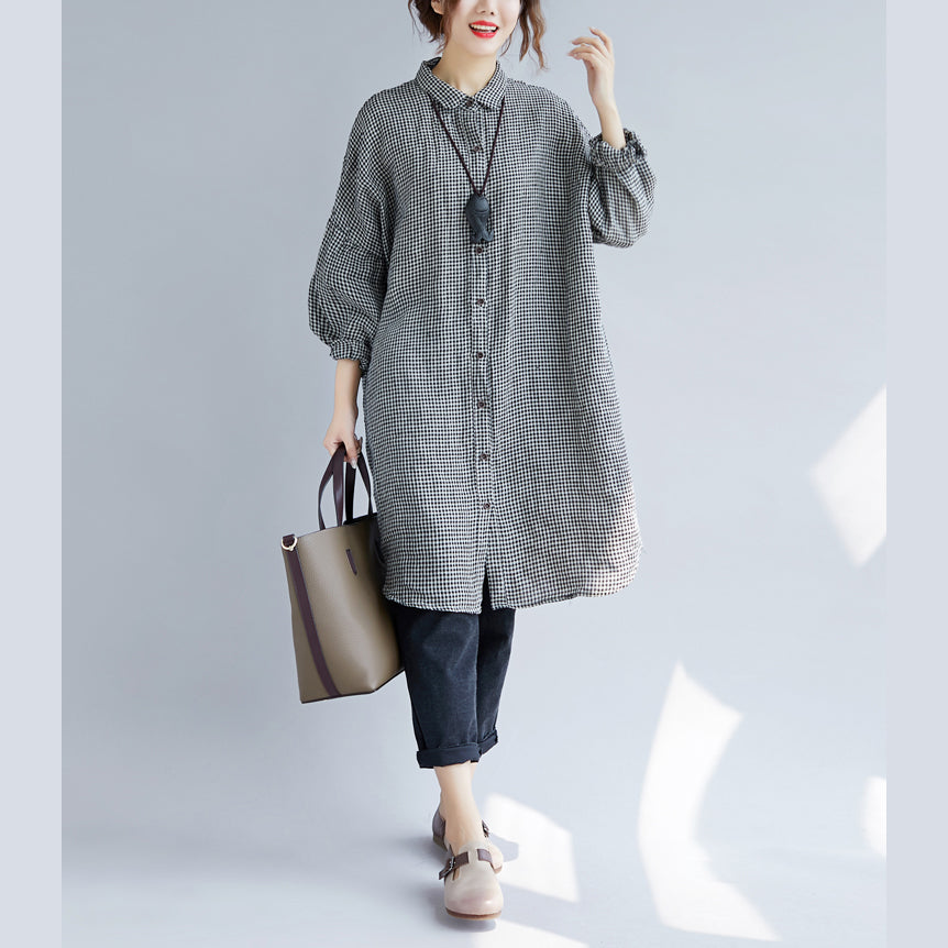 Women's Oversized T-shirt with Checked Print and Turned Collar