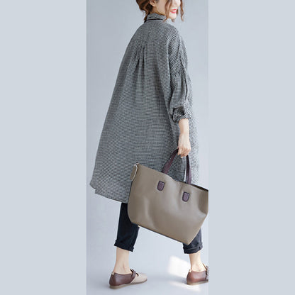 Women's Oversized T-shirt with Checked Print and Turned Collar