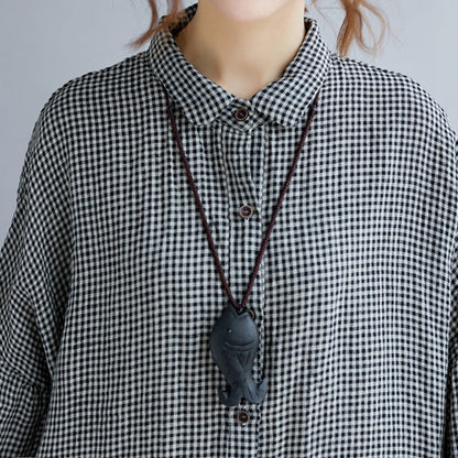 Women's Oversized T-shirt with Checked Print and Turned Collar