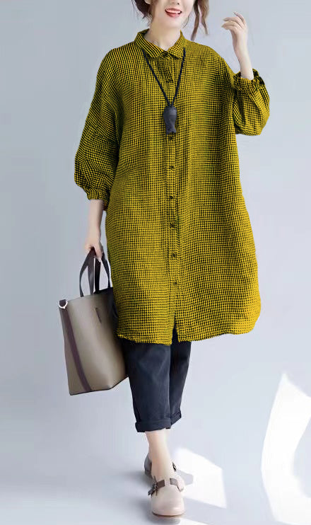 Women's Oversized T-shirt with Checked Print and Turned Collar