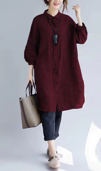 Women's Oversized T-shirt with Checked Print and Turned Collar