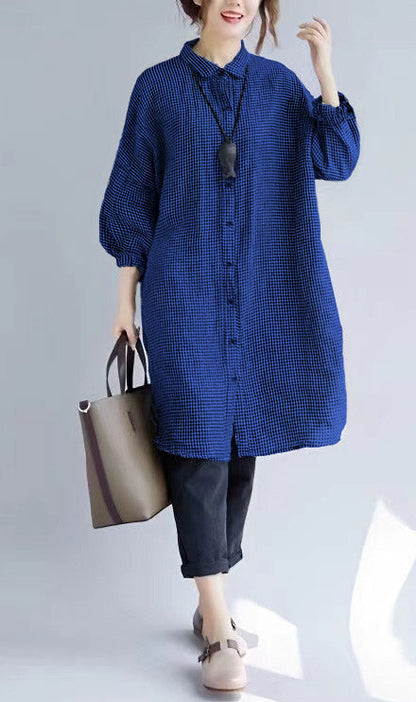 Women's Oversized T-shirt with Checked Print and Turned Collar