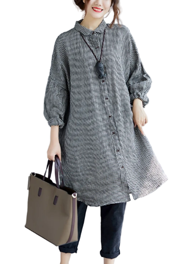 Women's Oversized T-shirt with Checked Print and Turned Collar