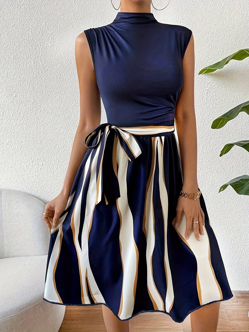 Women's Patchwork Dress With Belt and Pattern Printing, Ideal For Summer And Casual Occasions
