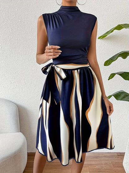 Women's Patchwork Dress With Belt and Pattern Printing, Ideal For Summer And Casual Occasions