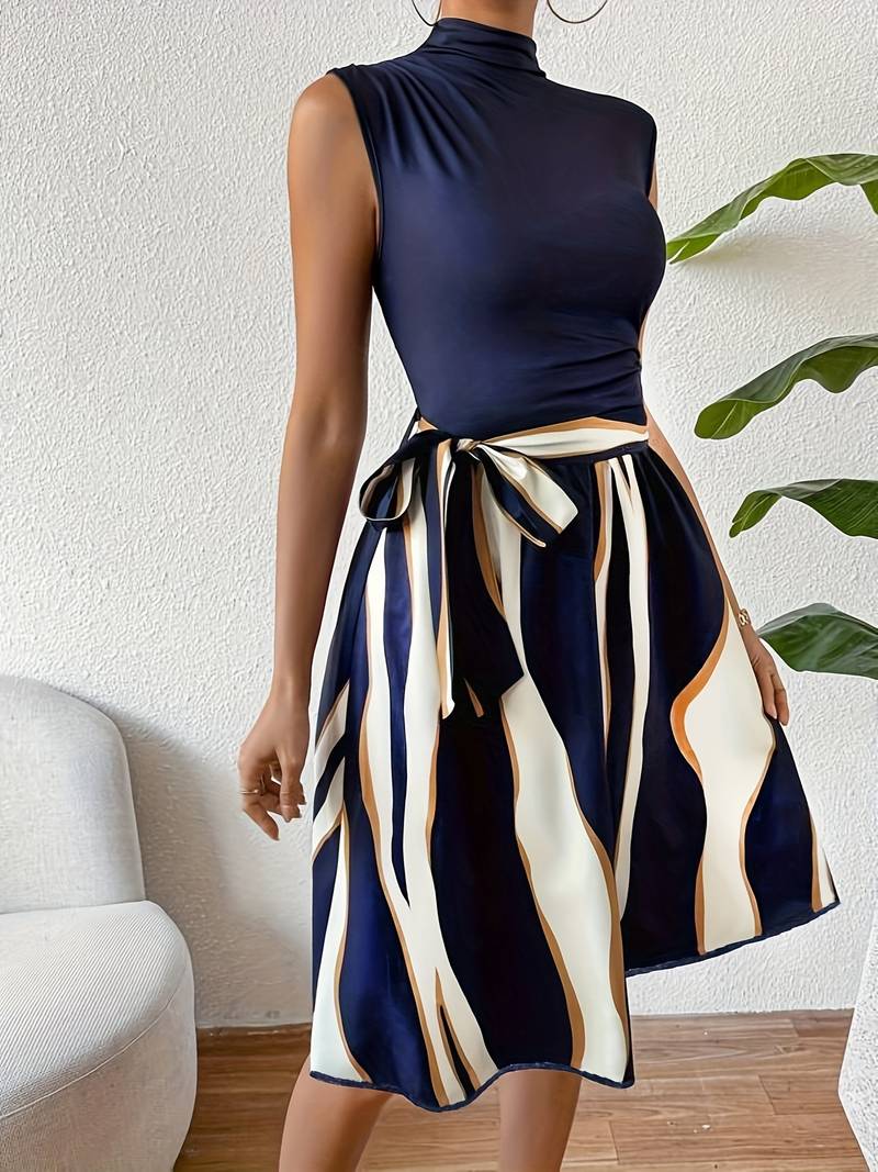 Women's Patchwork Dress With Belt and Pattern Printing, Ideal For Summer And Casual Occasions