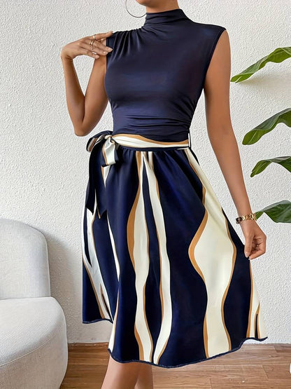 Women's Patchwork Dress With Belt and Pattern Printing, Ideal For Summer And Casual Occasions