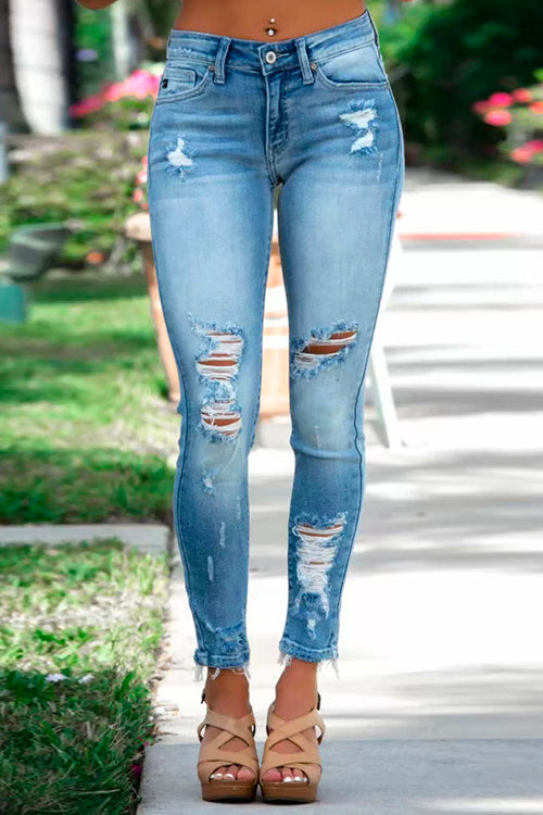 Women's Pencil Jeans with Raw Hem and Torn Details