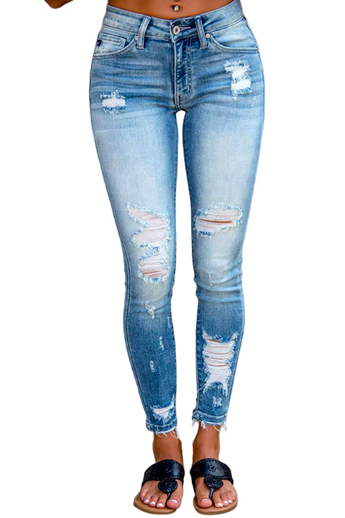 Women's Pencil Jeans with Raw Hem and Torn Details