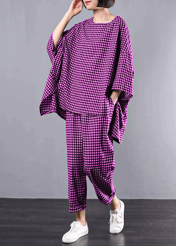Women's Plus Size Blouse and Pants Set in Checkered Pattern