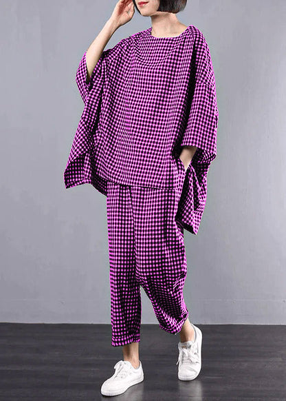 Women's Plus Size Blouse and Pants Set in Checkered Pattern