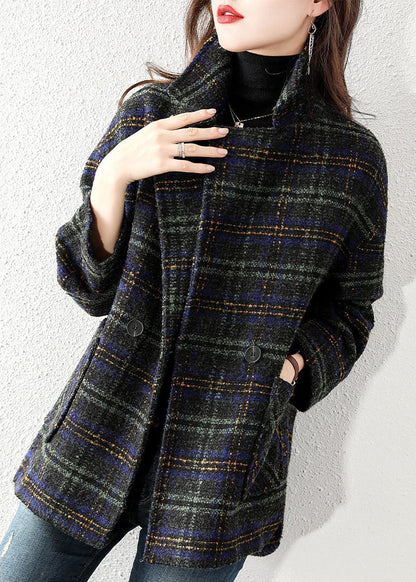 Women's Plus Size Wool Style Jacket with Peter Pan Collar and Plaid Pattern