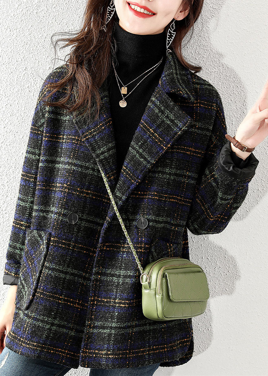 Women's Plus Size Wool Style Jacket with Peter Pan Collar and Plaid Pattern