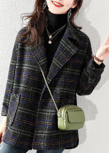Women's Plus Size Wool Style Jacket with Peter Pan Collar and Plaid Pattern