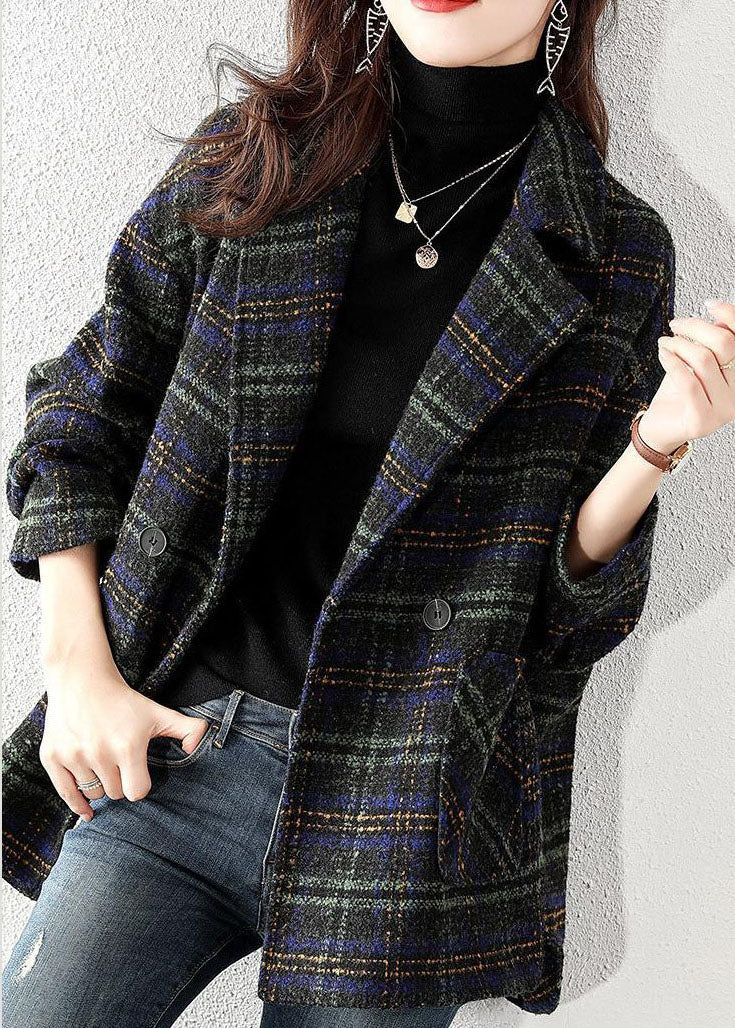 Women's Plus Size Wool Style Jacket with Peter Pan Collar and Plaid Pattern
