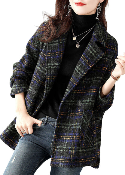 Women's Plus Size Wool Style Jacket with Peter Pan Collar and Plaid Pattern