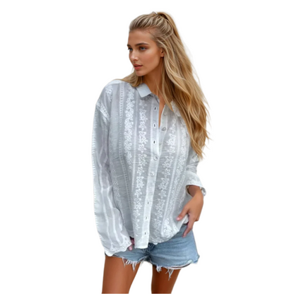 Women's Polo Collar Blouse with Lace Detailing