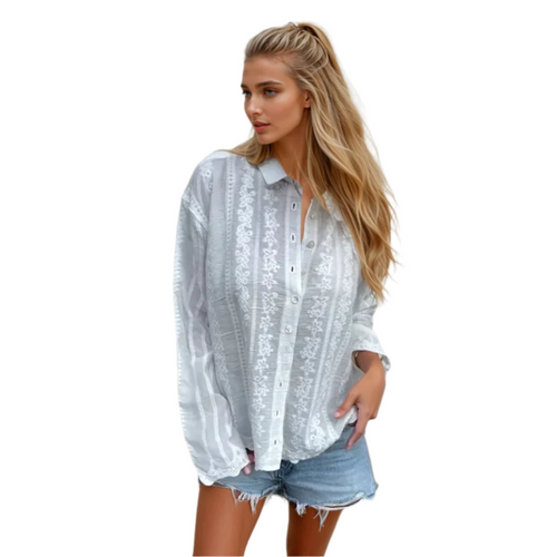 Women's Polo Collar Blouse with Lace Detailing