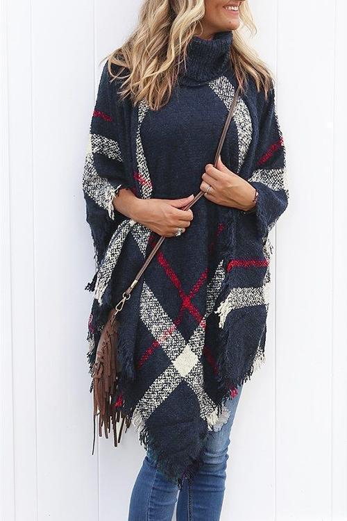 Women's Poncho Cape with Tassels and Collar