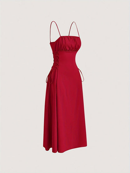 Women's Ruched Cami Dress With Square Neckline, Backless Design, Ideal For Special Occasions