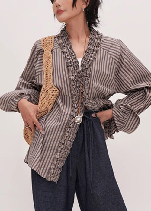 Women's Ruffled Cotton Shirt with Striped V-neckline