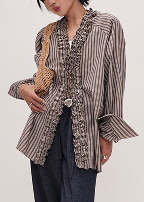 Women's Ruffled Cotton Shirt with Striped V-neckline