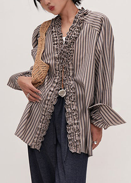 Women's Ruffled Cotton Shirt with Striped V-neckline