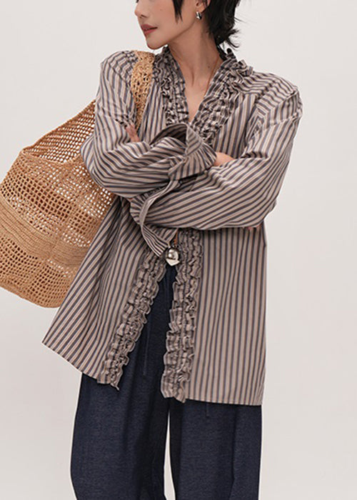 Women's Ruffled Cotton Shirt with Striped V-neckline