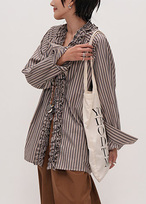 Women's Ruffled Cotton Shirt with Striped V-neckline