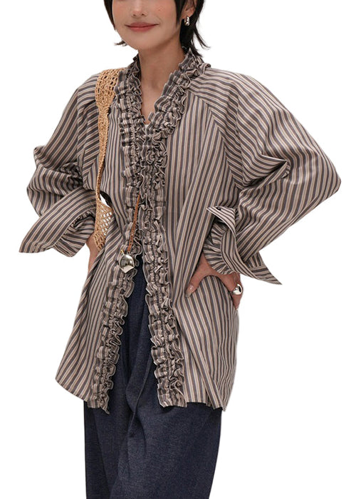 Women's Ruffled Cotton Shirt with Striped V-neckline